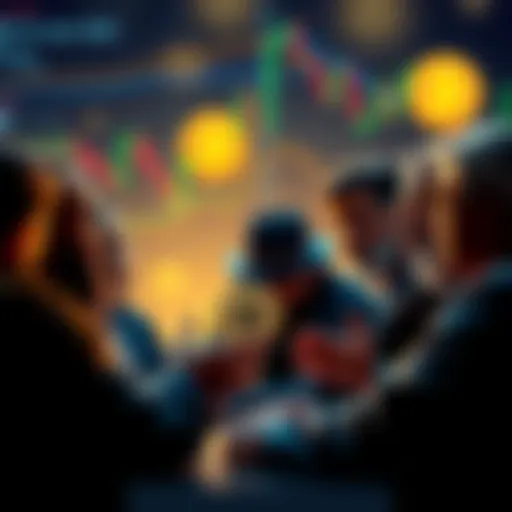 A group of diverse Christians discussing Bitcoin investments, with charts and digital currencies in the background, symbolizing faith and finance intersecting.