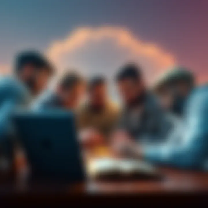 Christians Investing in Cryptocurrency A group of Christians gathered around a laptop, discussing cryptocurrency investments, with a Bible in the background.