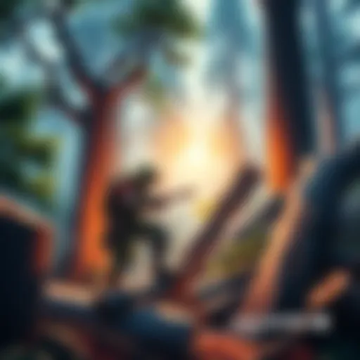 A character in an RPG setting chops wood and levels up while enjoying a vibrant forest environment in Cidi Games.