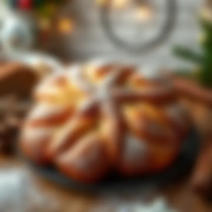 A freshly baked cinnamon star bread on a wooden table, golden brown with a star shape and dusted with powdered sugar, surrounded by a festive setting.