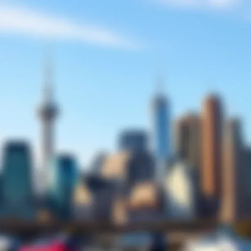 A skyline featuring various prominent city landmarks, showcasing their height and unique architecture against a clear blue sky.