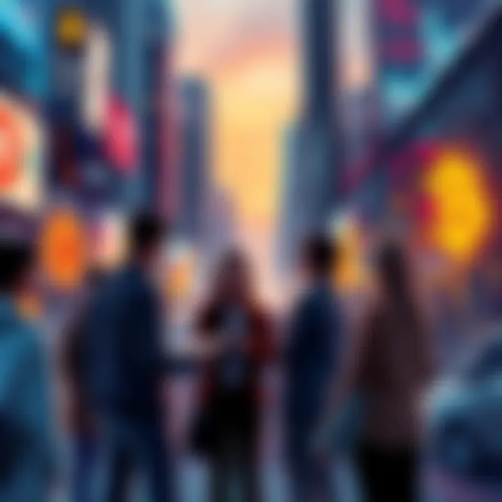 City Survey on Bitcoin Payments A group of people discussing a survey about Bitcoin payments in a city setting, with charts and graphs in the background.