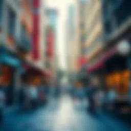 People enjoying a bustling city street filled with cafes and shops during the day