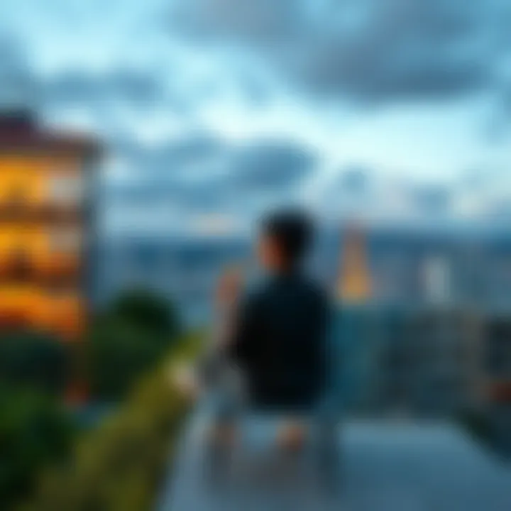A person sitting on a rooftop with a cone, enjoying the city view below, surrounded by greenery
