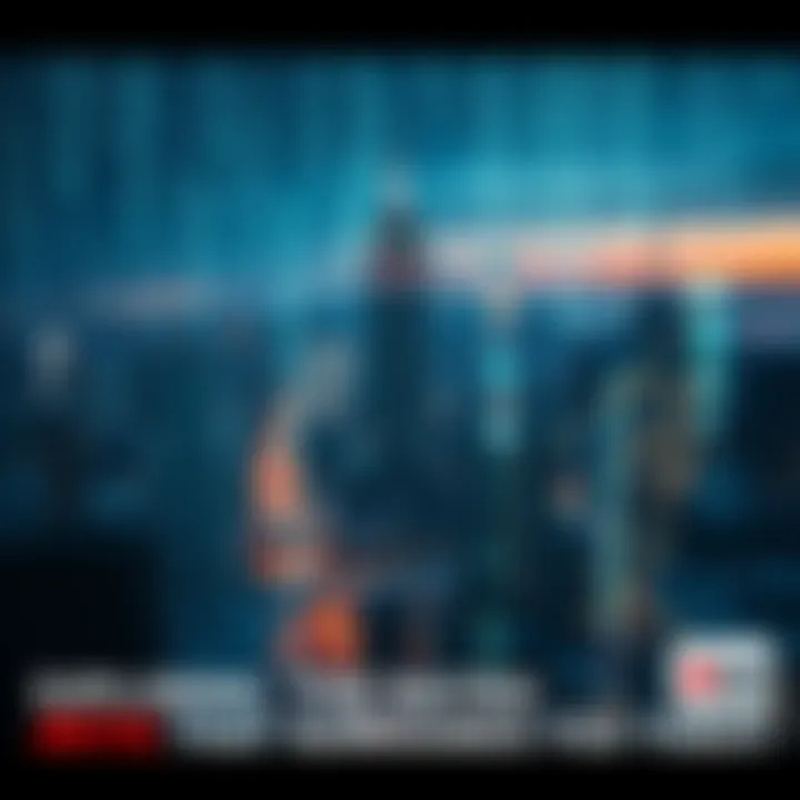 Cityscape with digital overlays A city skyline overlaid with digital patterns and symbols, representing the concept of a connected reality.