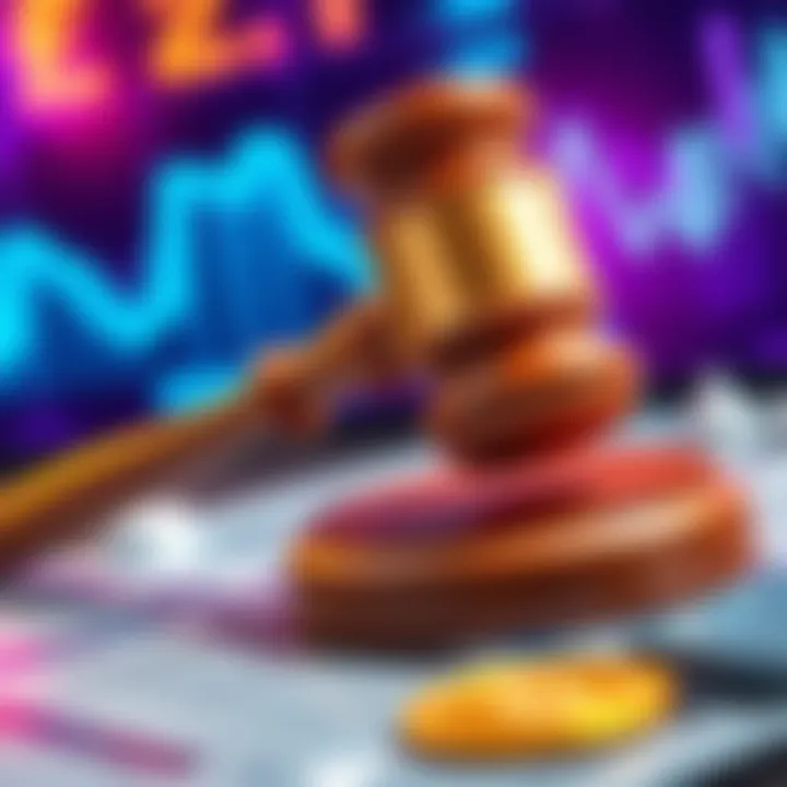 A graphic showing a gavel and digital currency symbols, emphasizing regulation and compliance in decentralized finance