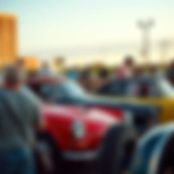 A group of car enthusiasts at a classic car meet in Nashville, sharing knowledge and tips about vintage automobiles.
