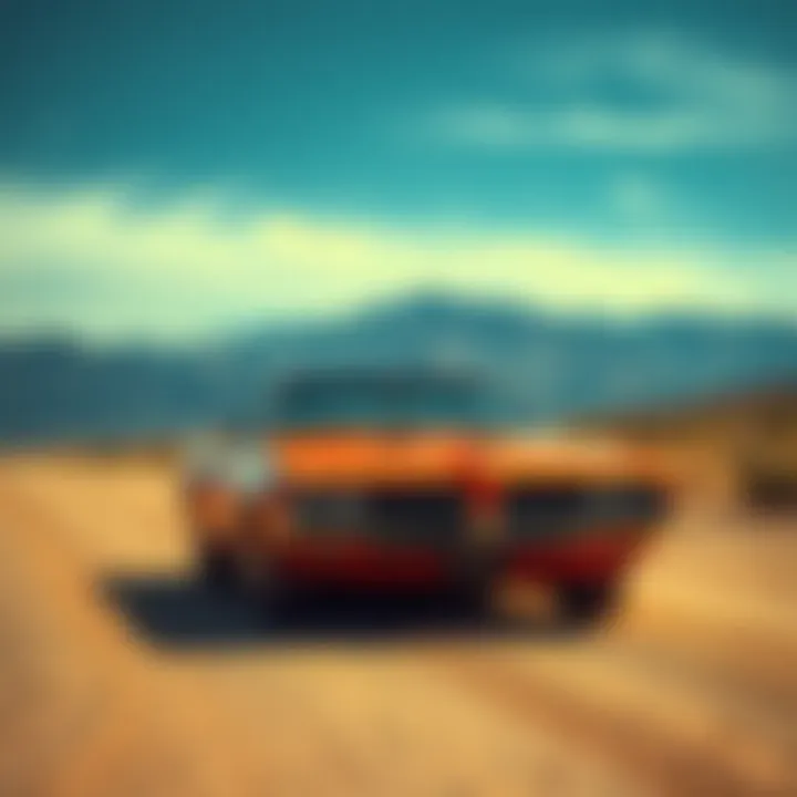 A classic GTO muscle car parked on a dusty road with a desert landscape and mountains in the background, symbolizing the spirit of gunslingers.
