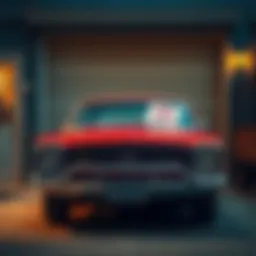 A vintage car parked in front of a garage, with a for-sale sign on it, representing classic car listings on forums.