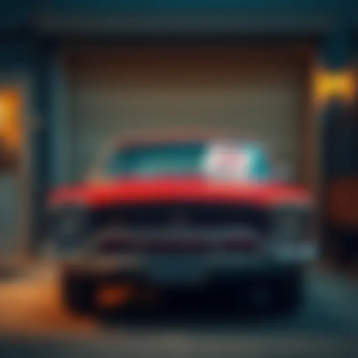 A vintage car parked in front of a garage, with a for-sale sign on it, representing classic car listings on forums.