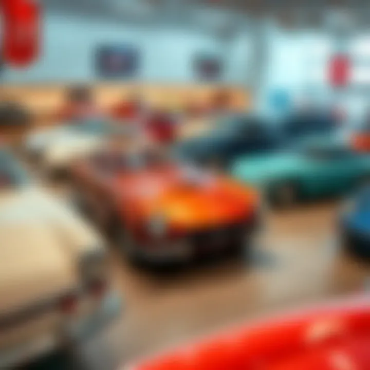 A variety of classic cars showcased in a well-lit showroom, highlighting different models and colors.