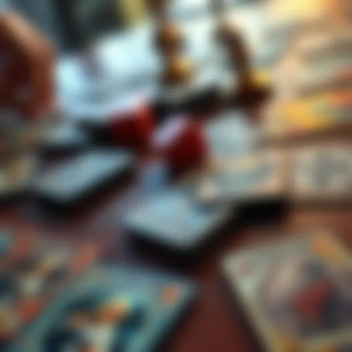 A close-up of classic cards laid out on a table, showcasing various designs and conditions, with players contemplating their next moves.