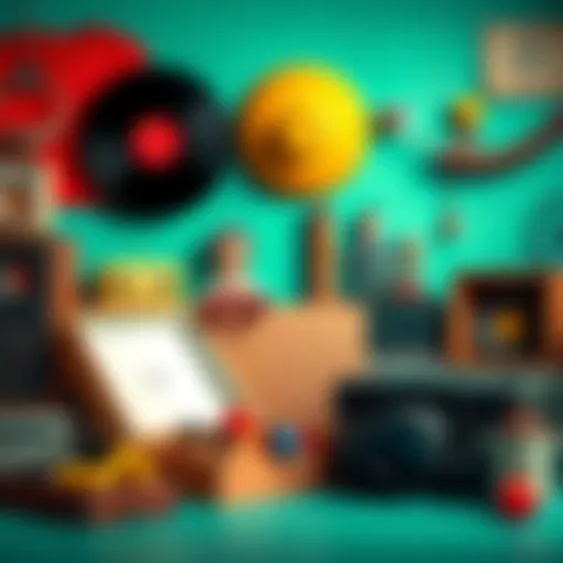 A collection of classic items like vinyl records, vintage toys, and retro fashion pieces symbolizing nostalgia and the revival of timeless favorites.