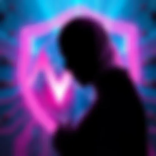 A visual representation of AI hacking risk to Cardano, showing a digital shield and a shadowy figure symbolizing Claude Mythos.