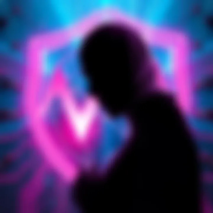 A visual representation of AI hacking risk to Cardano, showing a digital shield and a shadowy figure symbolizing Claude Mythos.