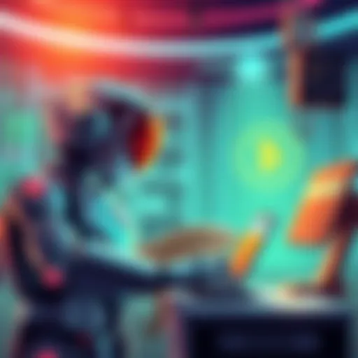 A digital illustration of Clawdbot interacting with nanoGPT for seamless payments in a futuristic setting.