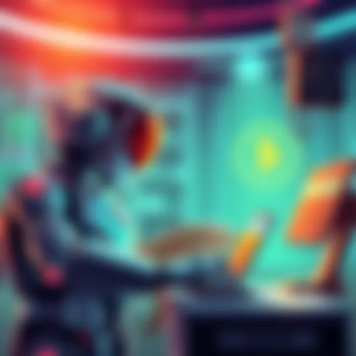 A digital illustration of Clawdbot interacting with nanoGPT for seamless payments in a futuristic setting.