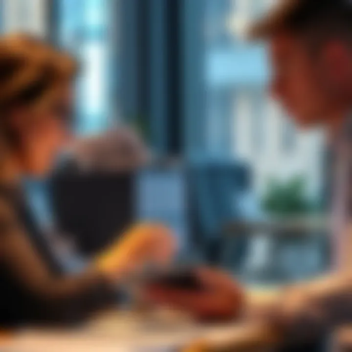 A business person discussing plans with a client using a tablet, reflecting the focus on professional relationships over personal ones.