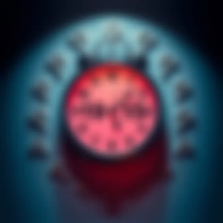 A wall clock with the time set to 19h15, surrounded by question marks to represent public curiosity