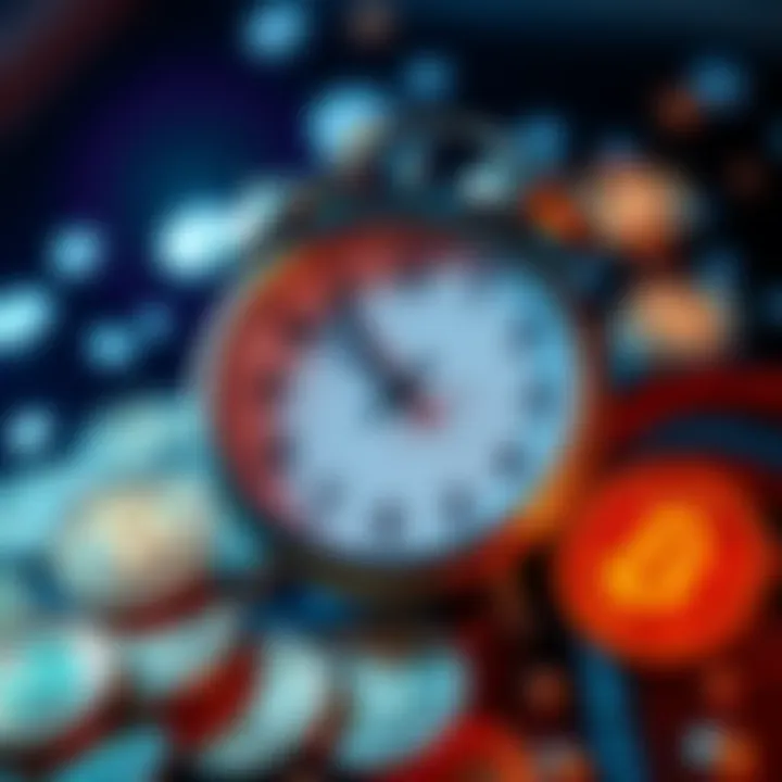 A clock with memecoin symbols around it, indicating the importance of timing in investments