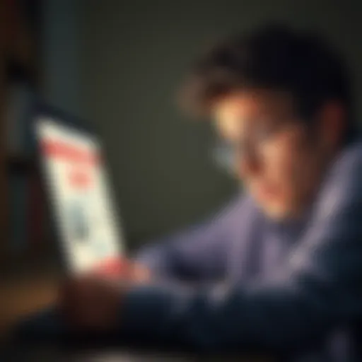 A concerned person looking at their laptop screen with a worried expression, showing a bank account webpage with a closed status.