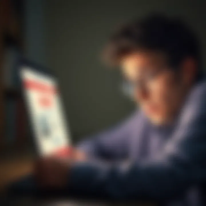 A concerned person looking at their laptop screen with a worried expression, showing a bank account webpage with a closed status.