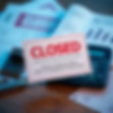 A notice showing a closed bank account with a background of frustrated financial documents and a calculator.