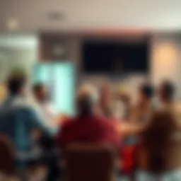 People in a club discussing time management A group of people sitting in a circle at a club meeting, sharing ideas about managing missed time and benefits of membership