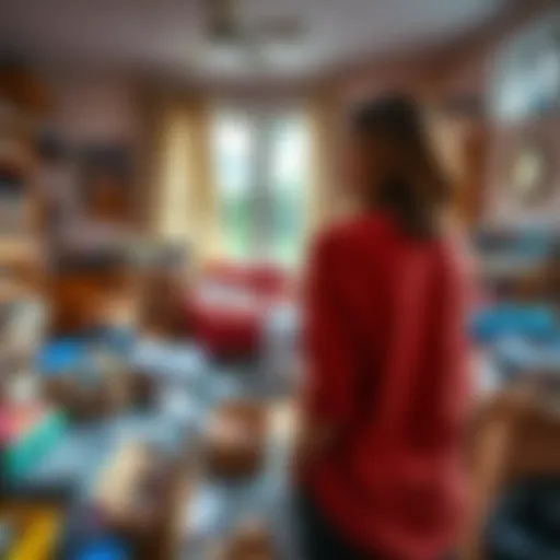A cluttered living room filled with boxes and items scattered around as a woman looks on, reflecting on the emotional impact of the messy space.