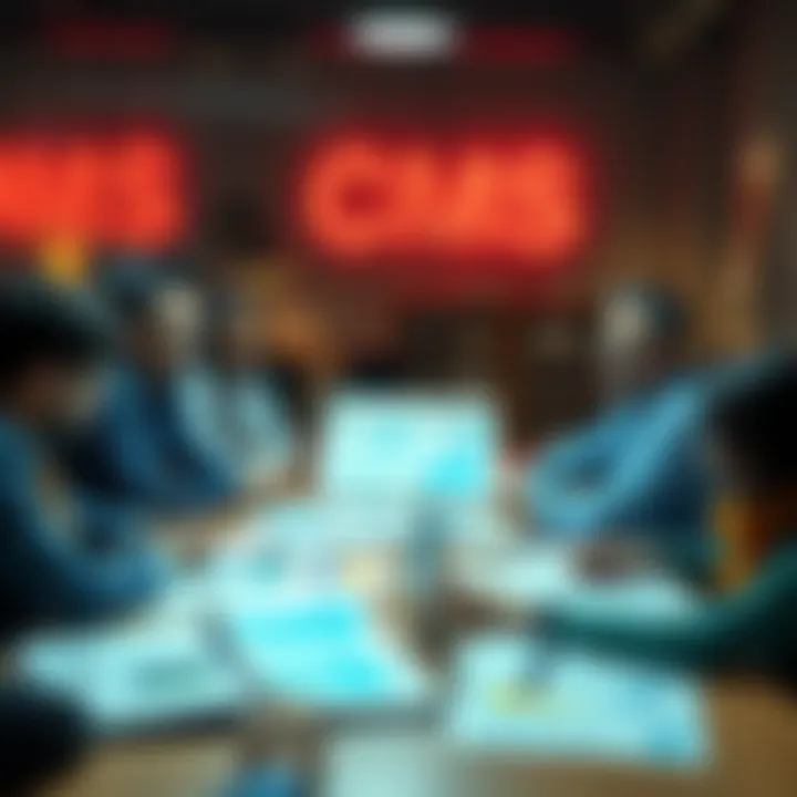 A team discussing various CMS options with charts and price lists on a table.