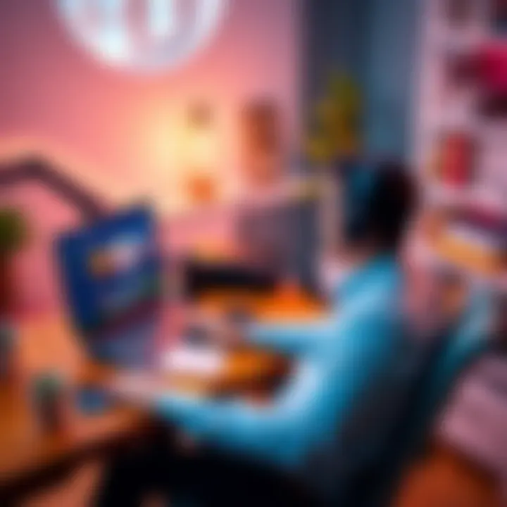 A CMS developer sitting at a desk, working on a laptop with website designs on the screen, in a cozy home office setting.