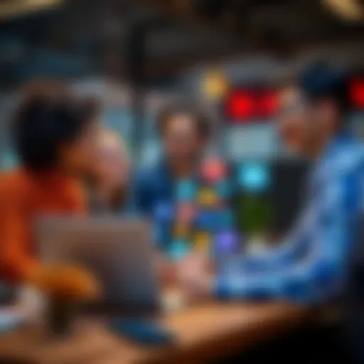 A friendly team in an office discussing various content management systems on a laptop