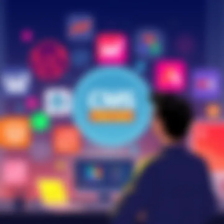 Illustration showing various content management system logos like WordPress and Webflow with a person thinking about CMS choices