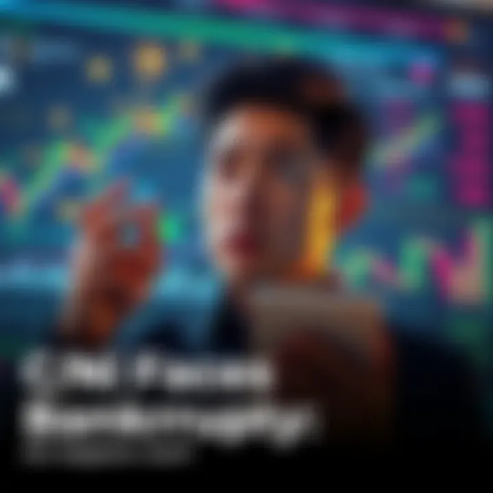 Cni Bankruptcy Concept A person looking worried while examining investment charts with blockchain symbols in the background