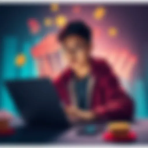 A young man coding on a laptop, surrounded by symbols of banking and technology, representing a challenge to traditional finance.