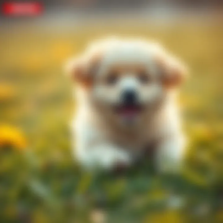 Cody, a fluffy puppy, playing in the grass with a cheerful expression