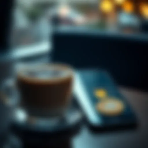 A cup of coffee next to a smartphone displaying an esim card, representing everyday purchases with Bitcoin.