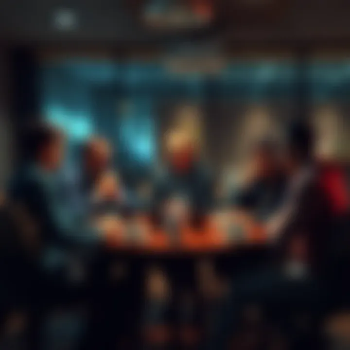 A group of people gathered around a table with coffee cups, discussing Bitcoin prices late at night