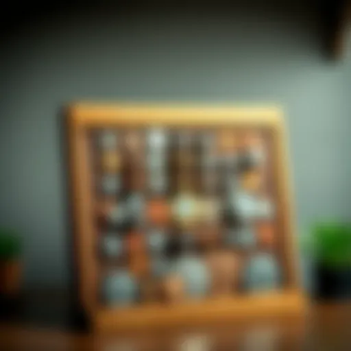 Handcrafted wooden rack showcasing various coins arranged neatly