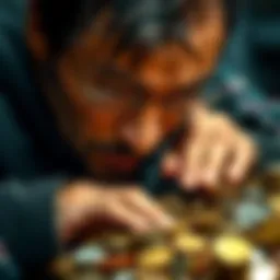 Coin collector examining coins A dedicated coin collector reviewing a pile of diverse coins with a focused expression.