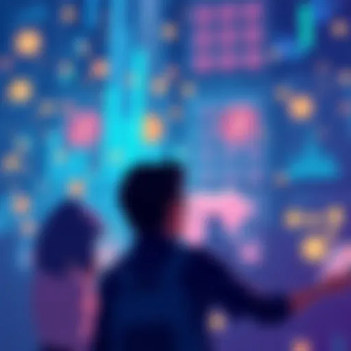 Illustration of people analyzing coin purchases and cryptocurrency wallets on digital screens.