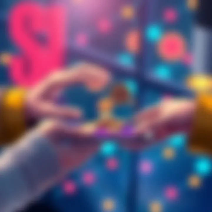 Illustration of coin swap process A visual representation of people exchanging coins through a digital platform, showing hands holding coins and a smartphone interface