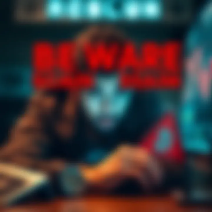 A person looking worried over a computer with Bitcoin symbols and warning signs on the screen