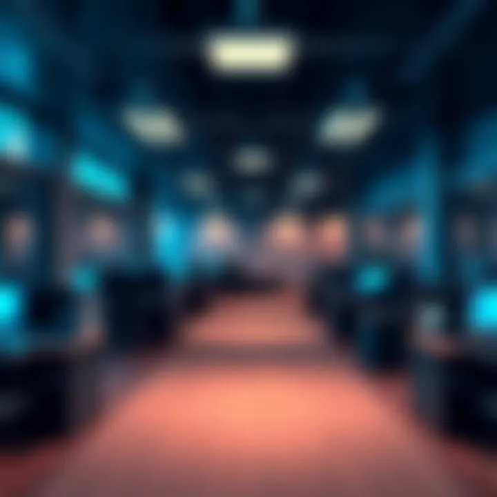 Coinbase Office Scene A modern office space with empty desks and a dimly lit atmosphere, symbolizing job cuts at Coinbase.