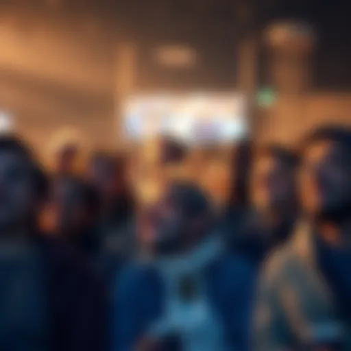 A diverse crowd reacts to a Coinbase Super Bowl advertisement, showing a mix of happy and disappointed expressions in a large viewing space.