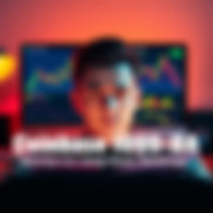 A person looking confused while reviewing tax documents, with a computer screen displaying Coinbase and crypto charts in the background.