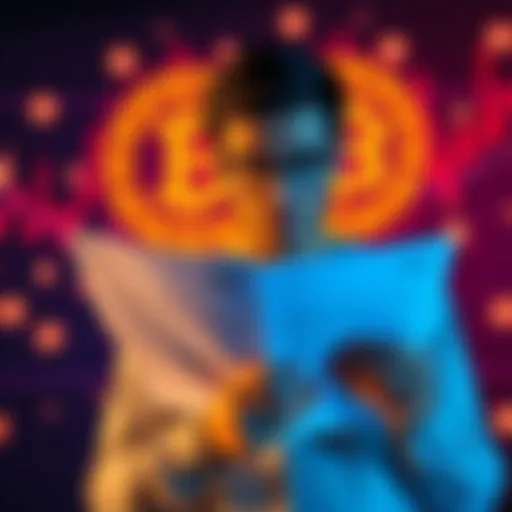 A concerned Coinbase user showing documents related to alleged illegal account management and trading practices, set against a backdrop of digital currency symbols.