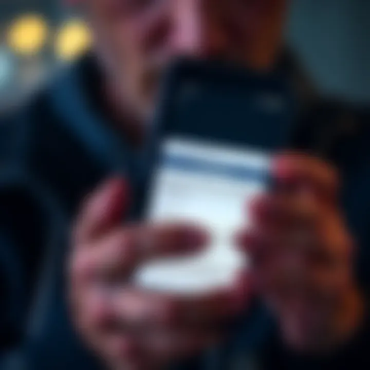Close-up of a worried person holding a phone, showing an alert about leaked phone numbers on a screen