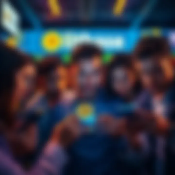 A group of people looking worried while checking their phones showing a Bitcoin price drop on a screen, resembling feelings of entrapment and frustration.