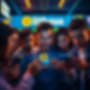 Coinbase Users Expressing Frustration A group of people looking worried while checking their phones showing a Bitcoin price drop on a screen, resembling feelings of entrapment and frustration.